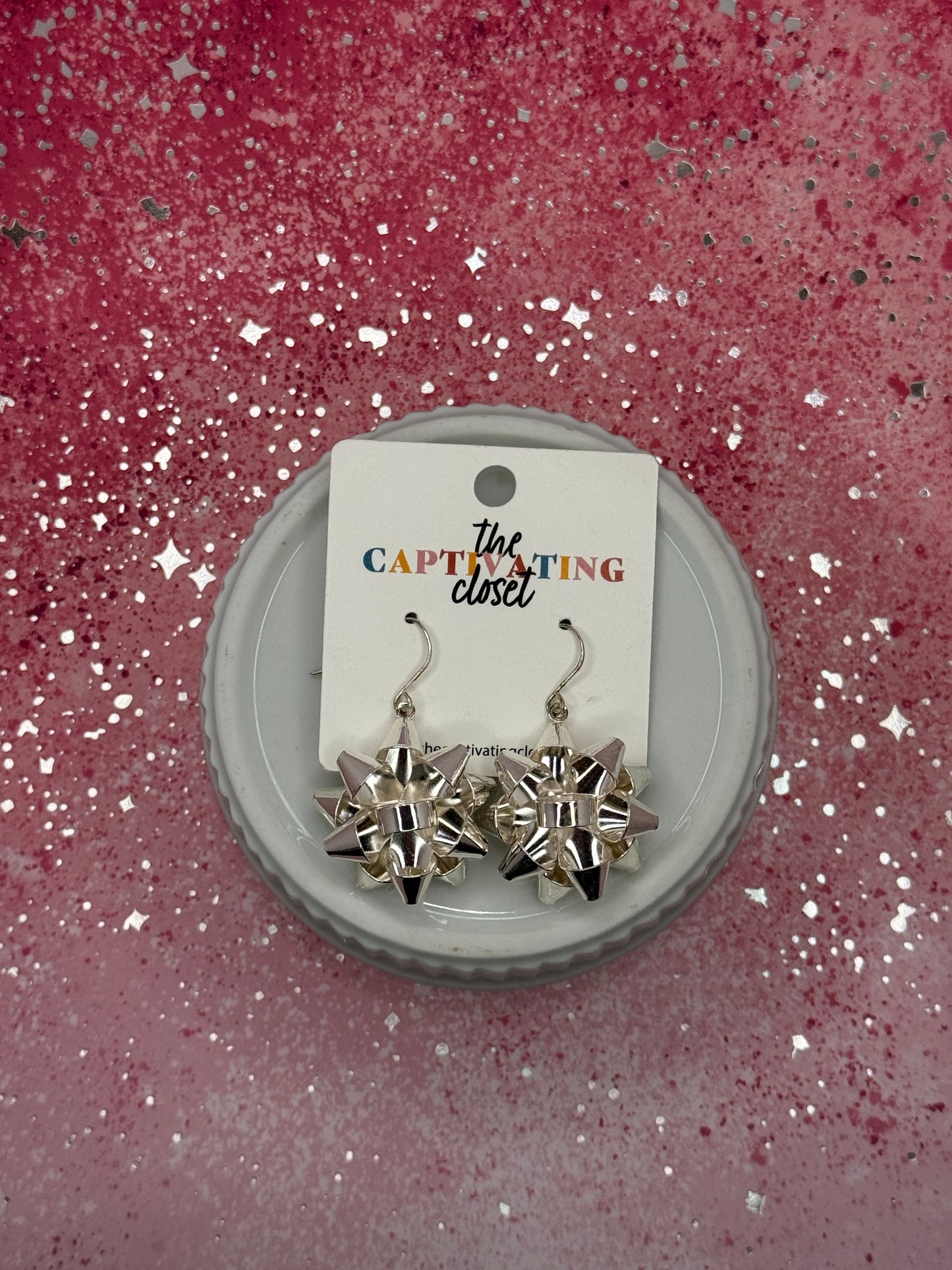 Silver Gift Bow Dangle Earring
