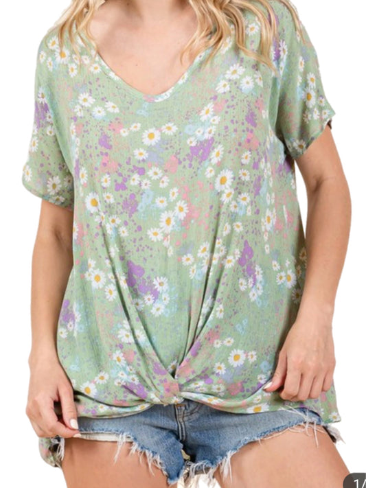 Mint Floral V Neck Front Knot Top