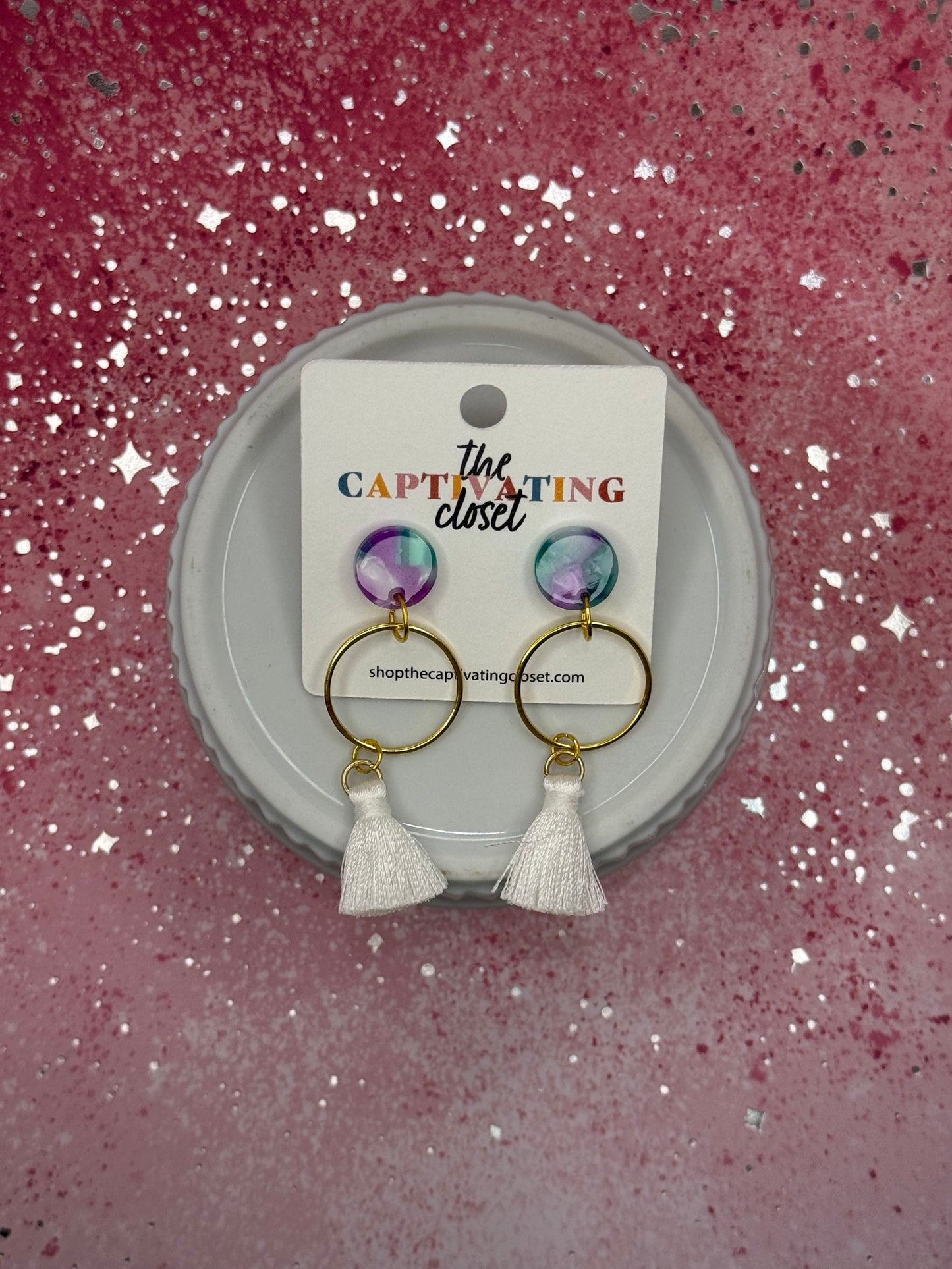 Gold Hoop w/ White Tassel Dangle Earrings