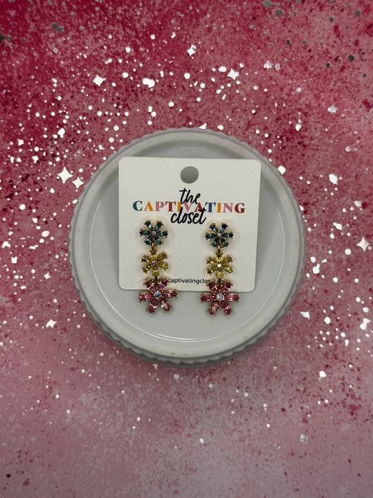Blue, Yellow, & Pink Tiered Flower Dangle Earring
