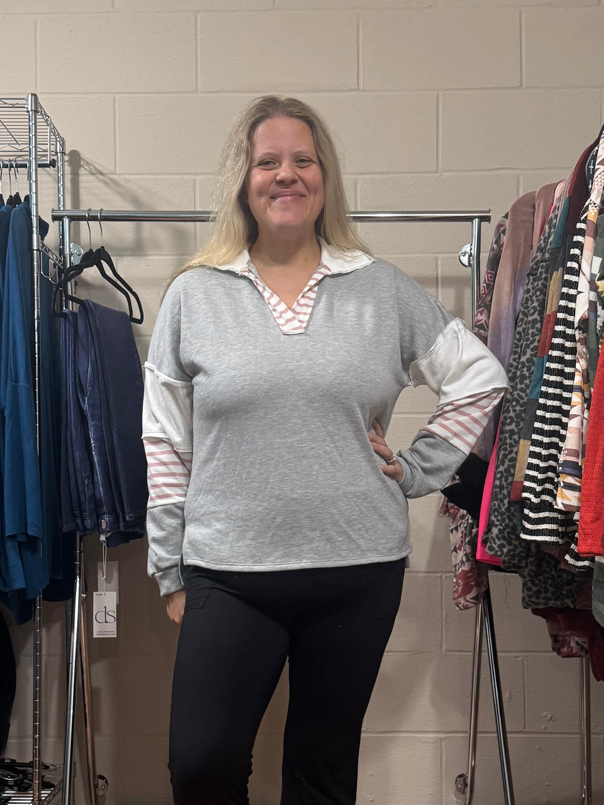 French Terry Top w/ Striped Sleeves - Grey & Pink