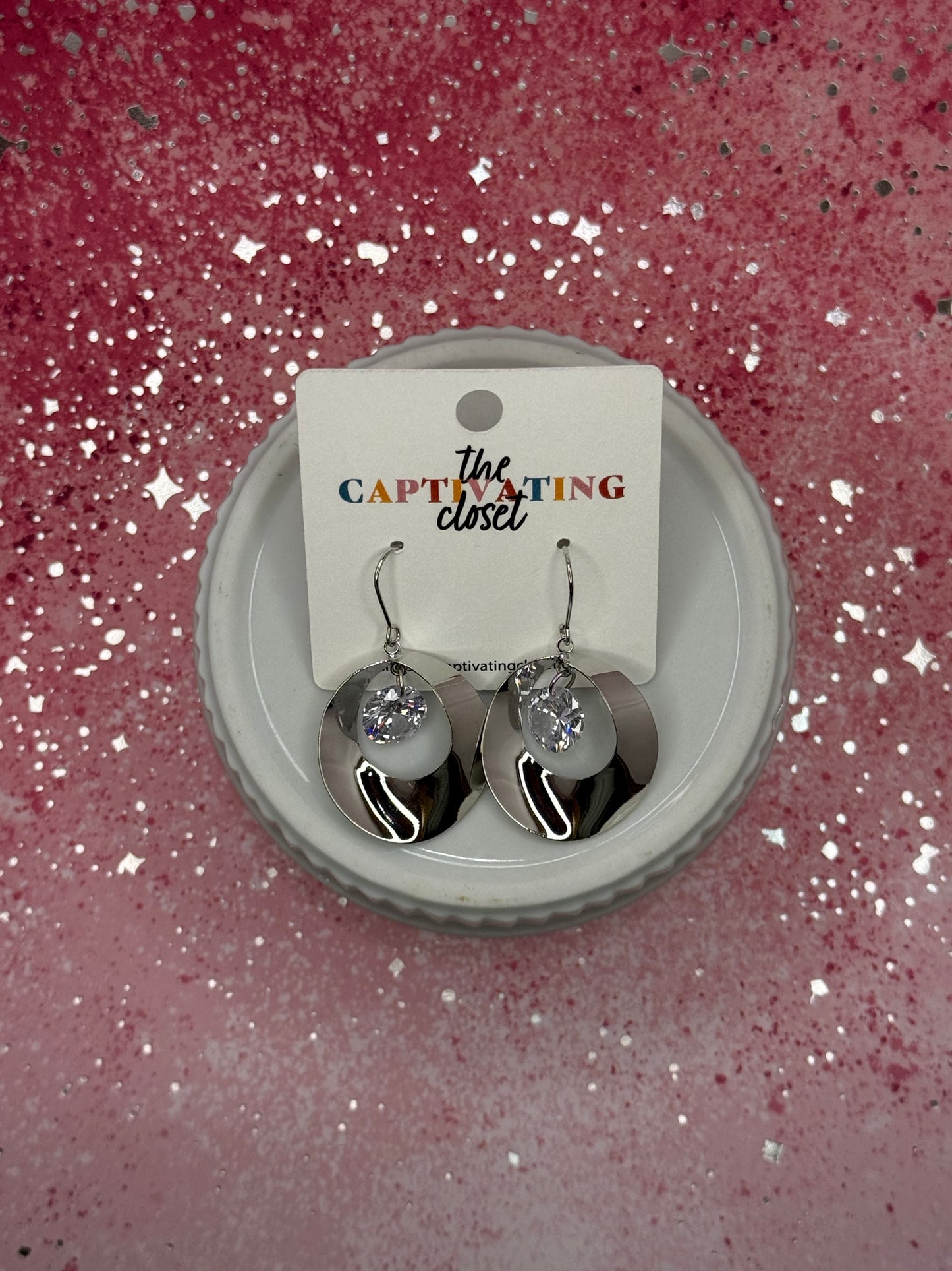 Silver Hoop Dangle Earrings w/ Rhinestone