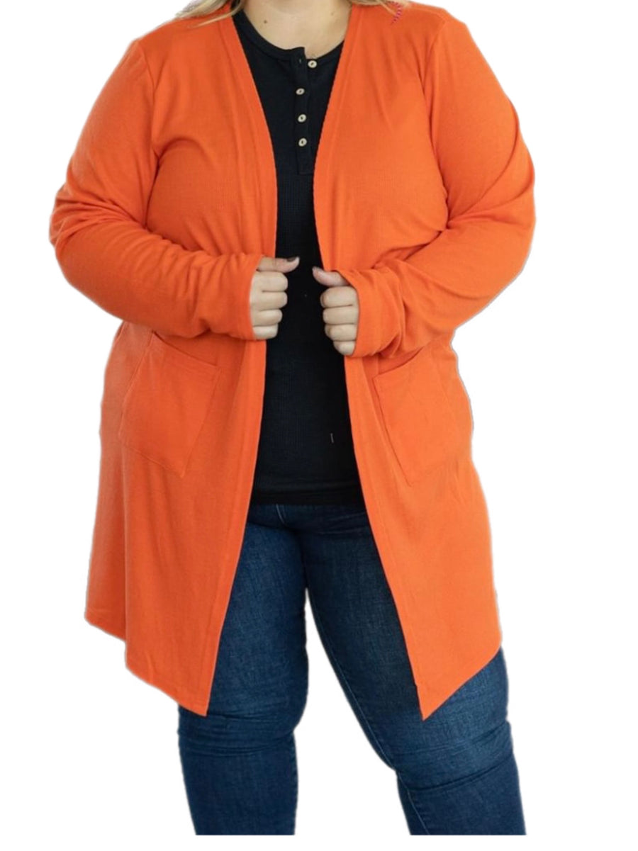 Ribbed Cardigan w/ Pockets - Bright Orange