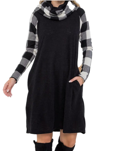 Black & White Buffalo Plaid Cowl Neck Dress w/ Pockets