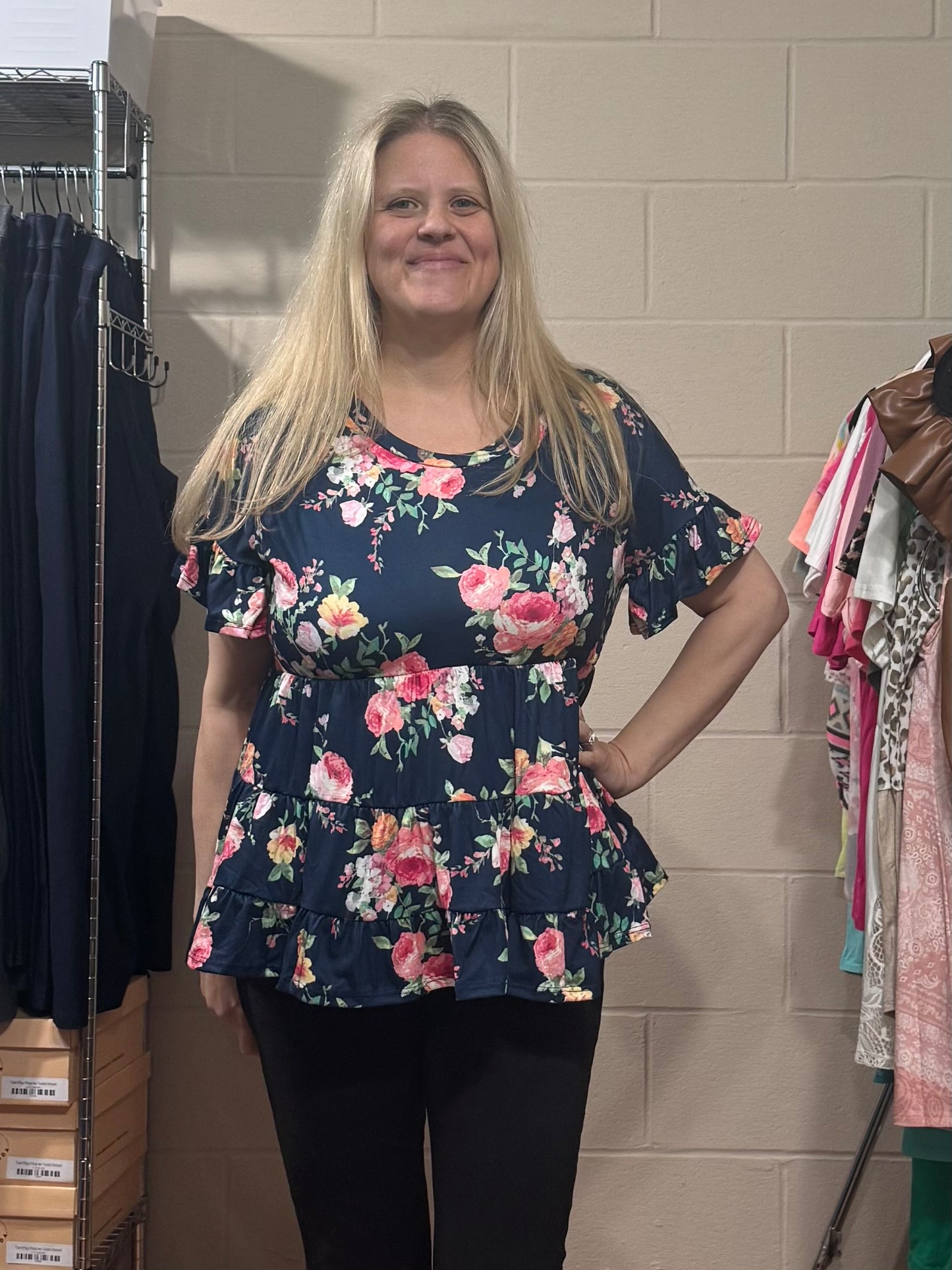 Navy Floral Tiered Top