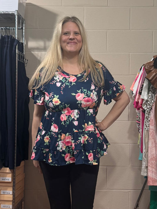 Navy Floral Tiered Top