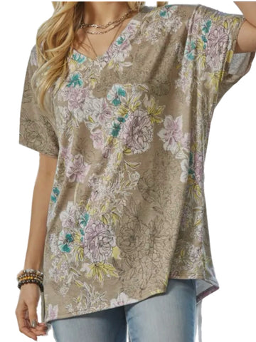 Taupe Floral V Neck Tee