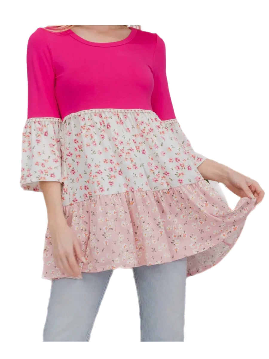 Pink Floral Tiered Top w/ Bell Sleeves
