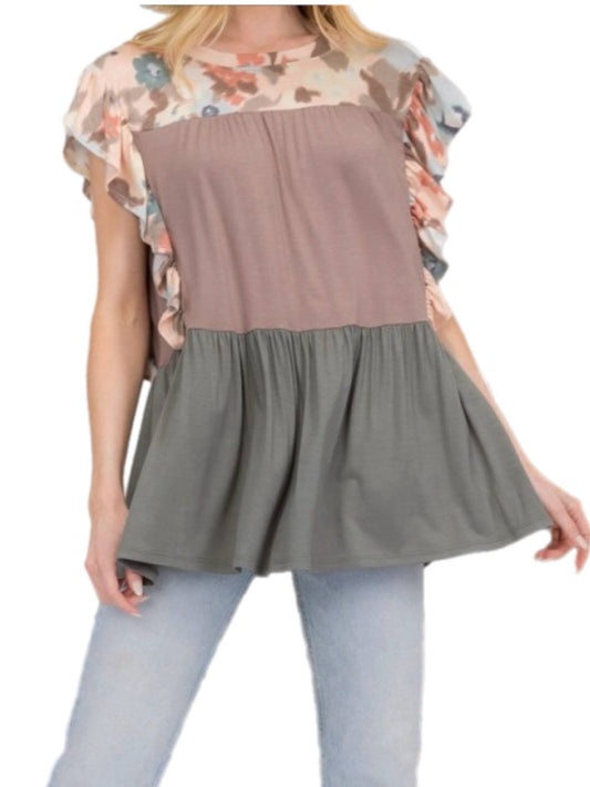 Color Block Top w/ Floral Detail & Ruffle