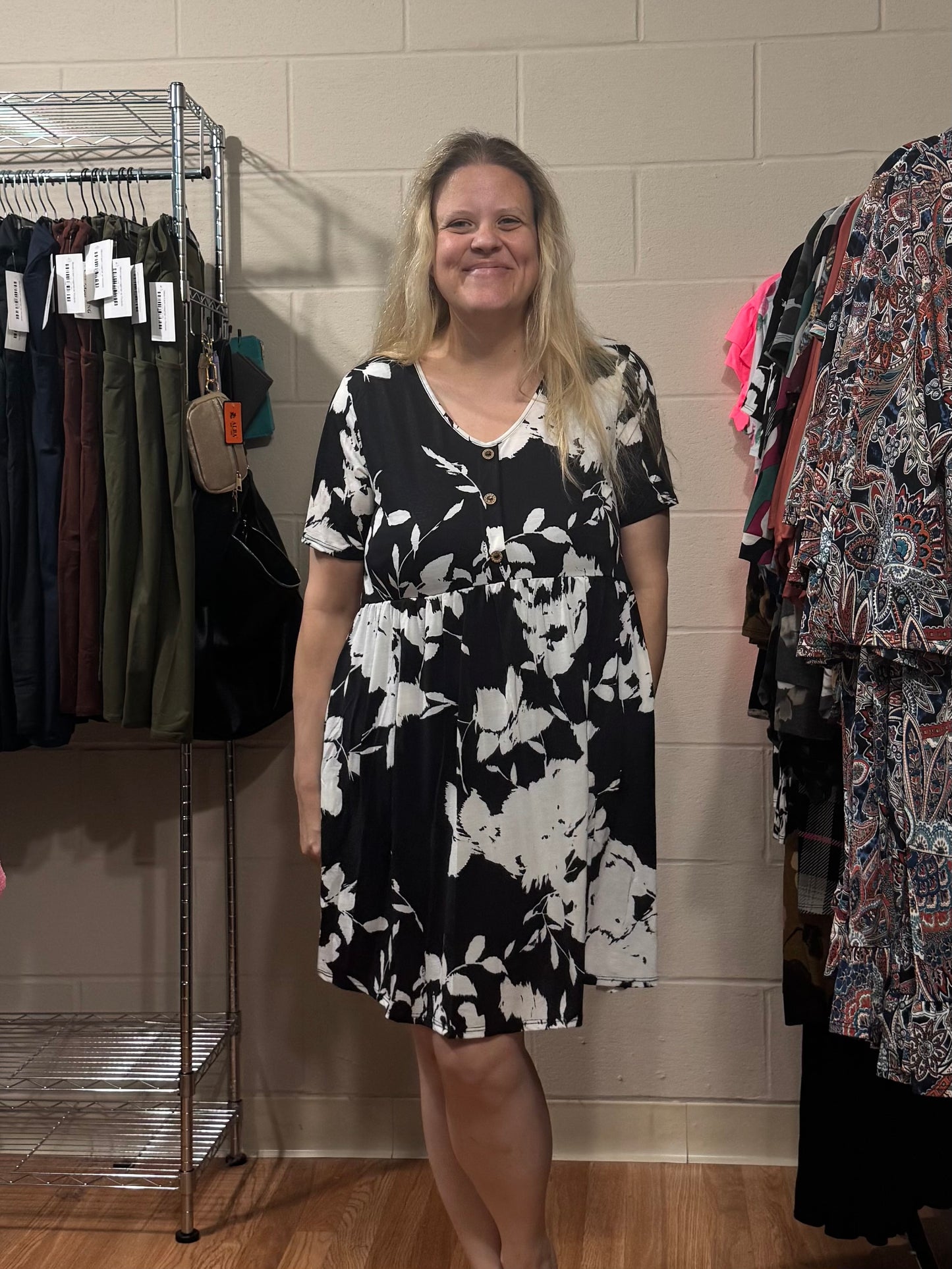 Black & White Floral Baby Doll Dress