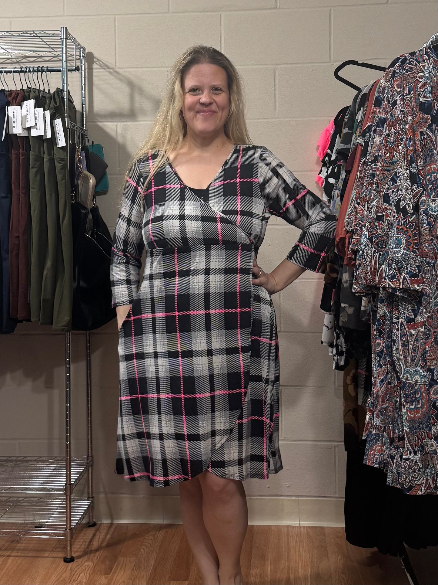 Black White & Pink Plaid Wrap Dress