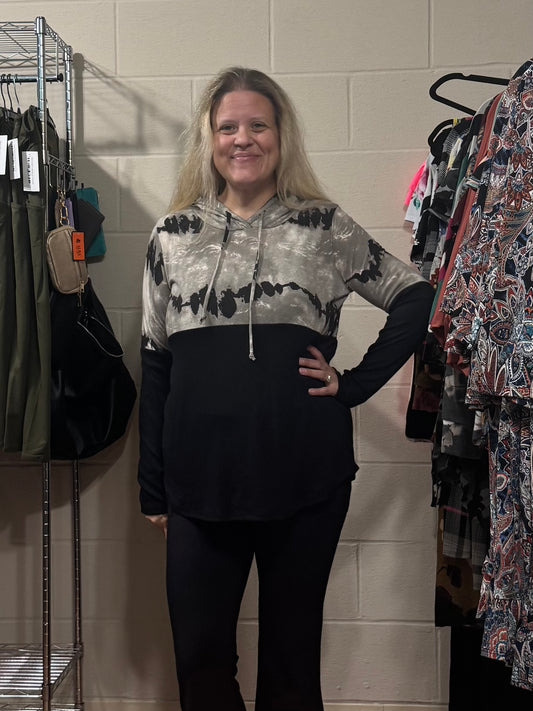 Black & Grey Tie Dye Color Block Hoodie