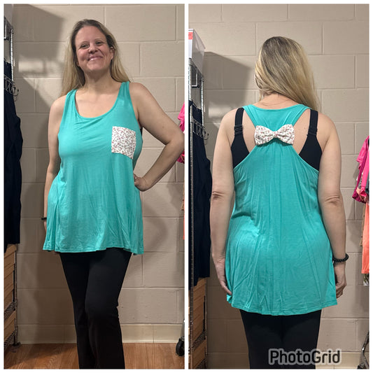 Mint Tank w/ Pink Floral Pocket & Bow in the Back