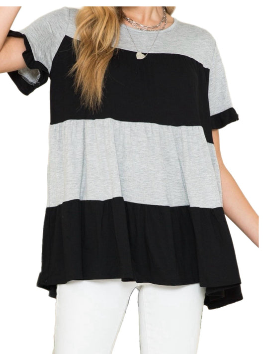 Black and Grey Color Block Tiered Top