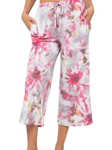 Bright Pink Tie Dye Wide-Legged Cropped Lounge Pants w/ Pockets