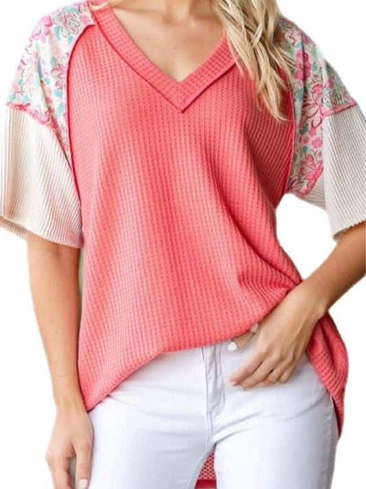 Coral Waffle Knit Top w/ Floral Sleeve Detail
