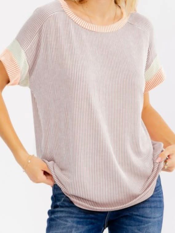Mocha Ribbed Top w/ Green & Peach Sleeves