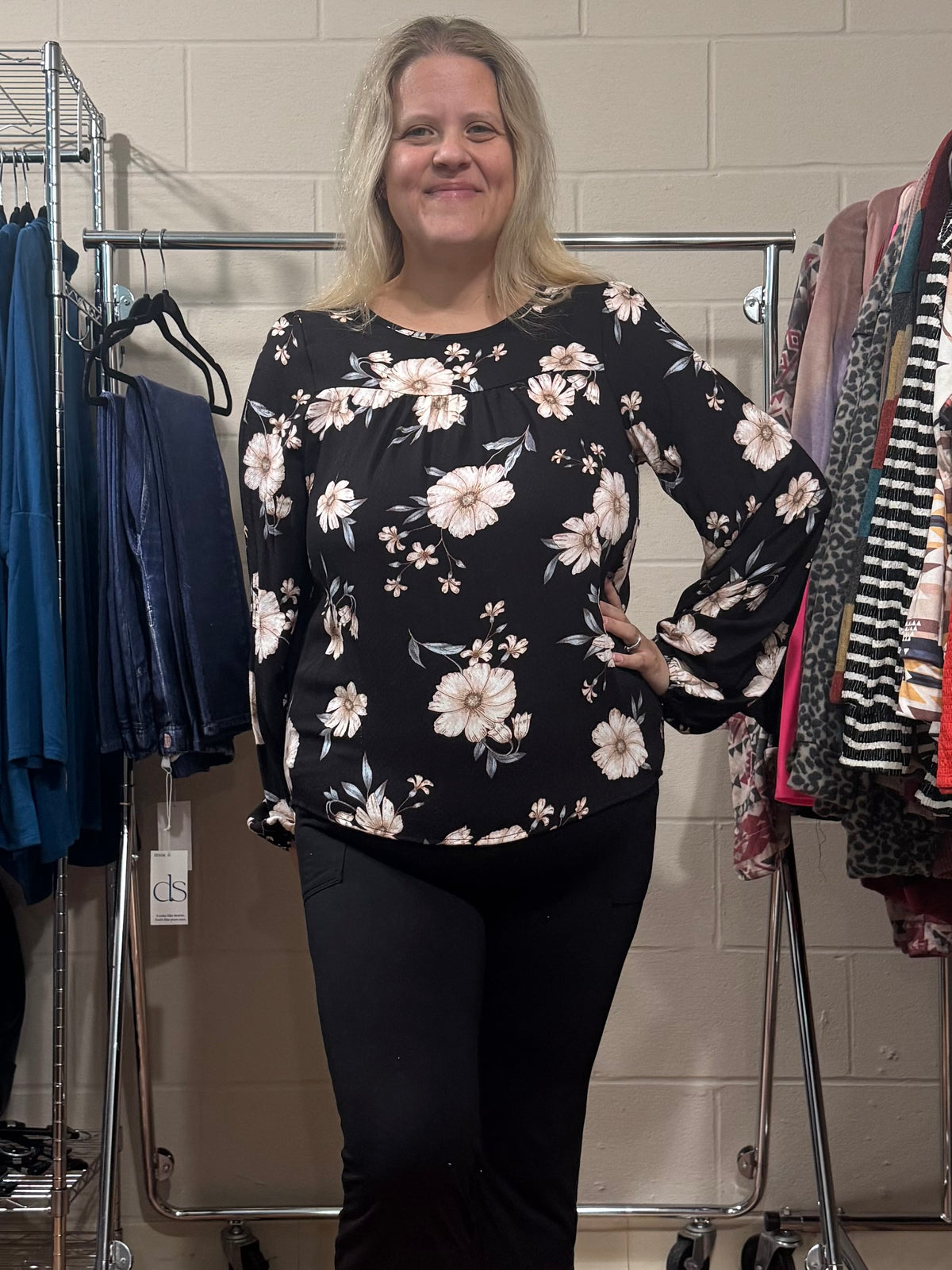 Black Floral Peasant Sleeve Top