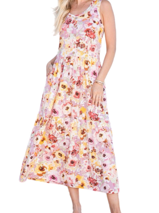 Mauve Floral Dress w/ Buttons