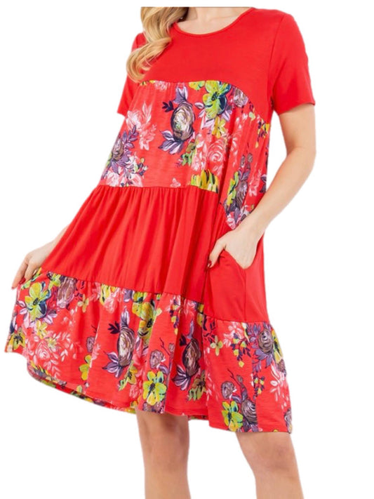 Coral Floral Color Block Dress