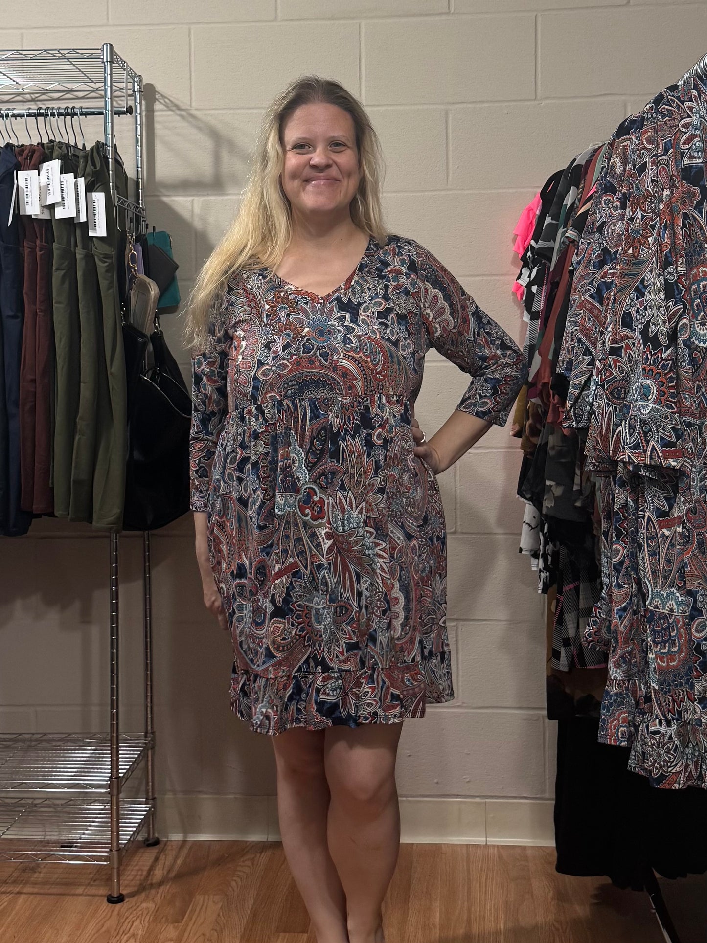 Navy Paisley Dress w/ Ruffle Hem