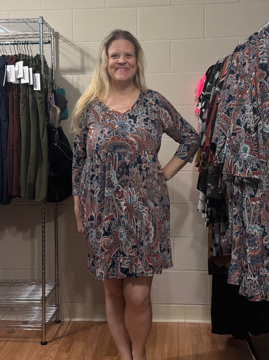 Navy Paisley Dress w/ Ruffle Hem