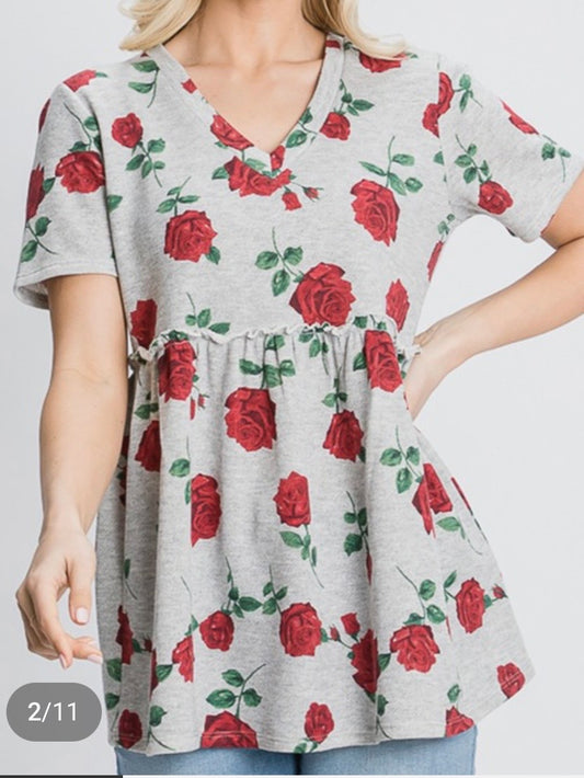 Heathered Gray Baby Doll Top w/ Roses