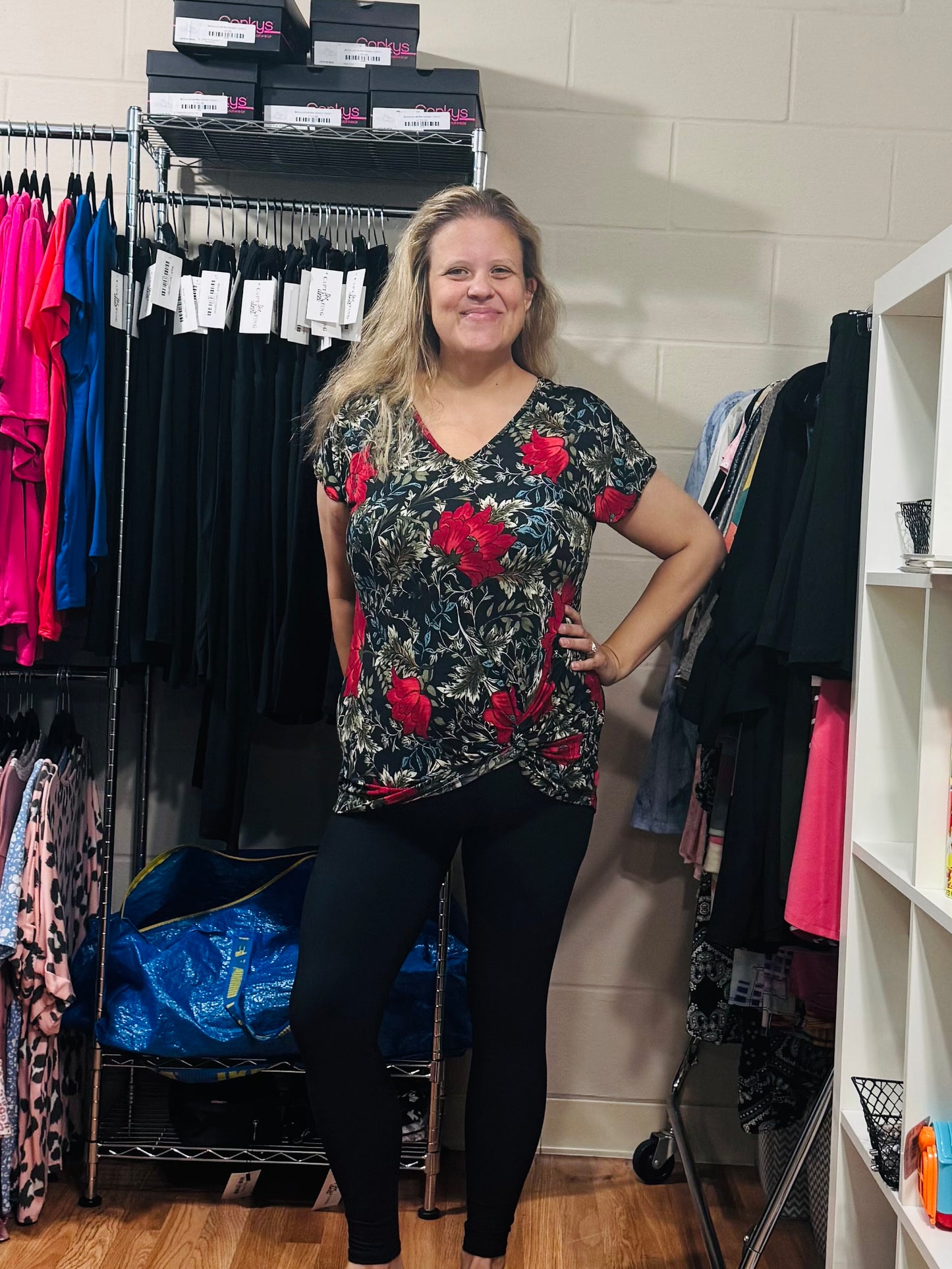 Black Floral Top w/ Twist Front