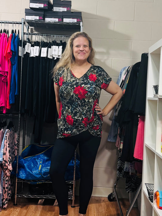Black Floral Top w/ Twist Front