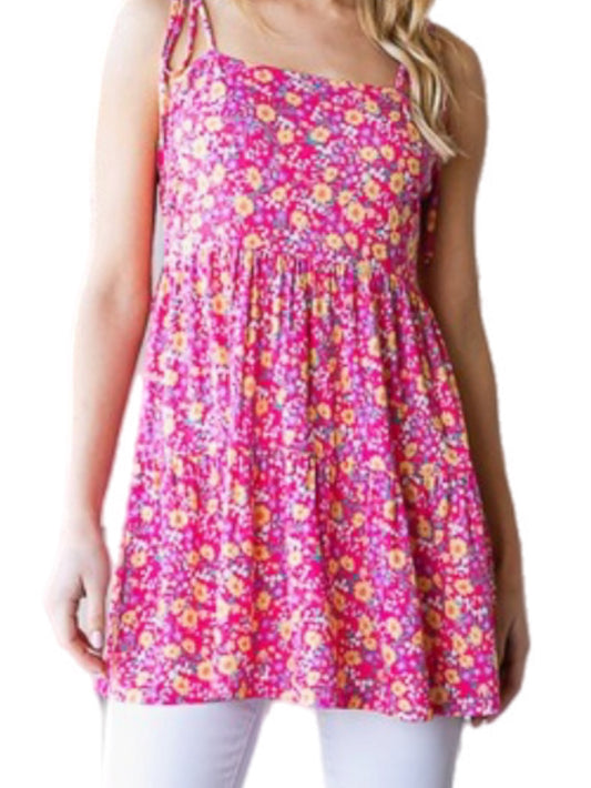 Pink Floral Baby Doll Top w/ Spaghetti Strap Ties