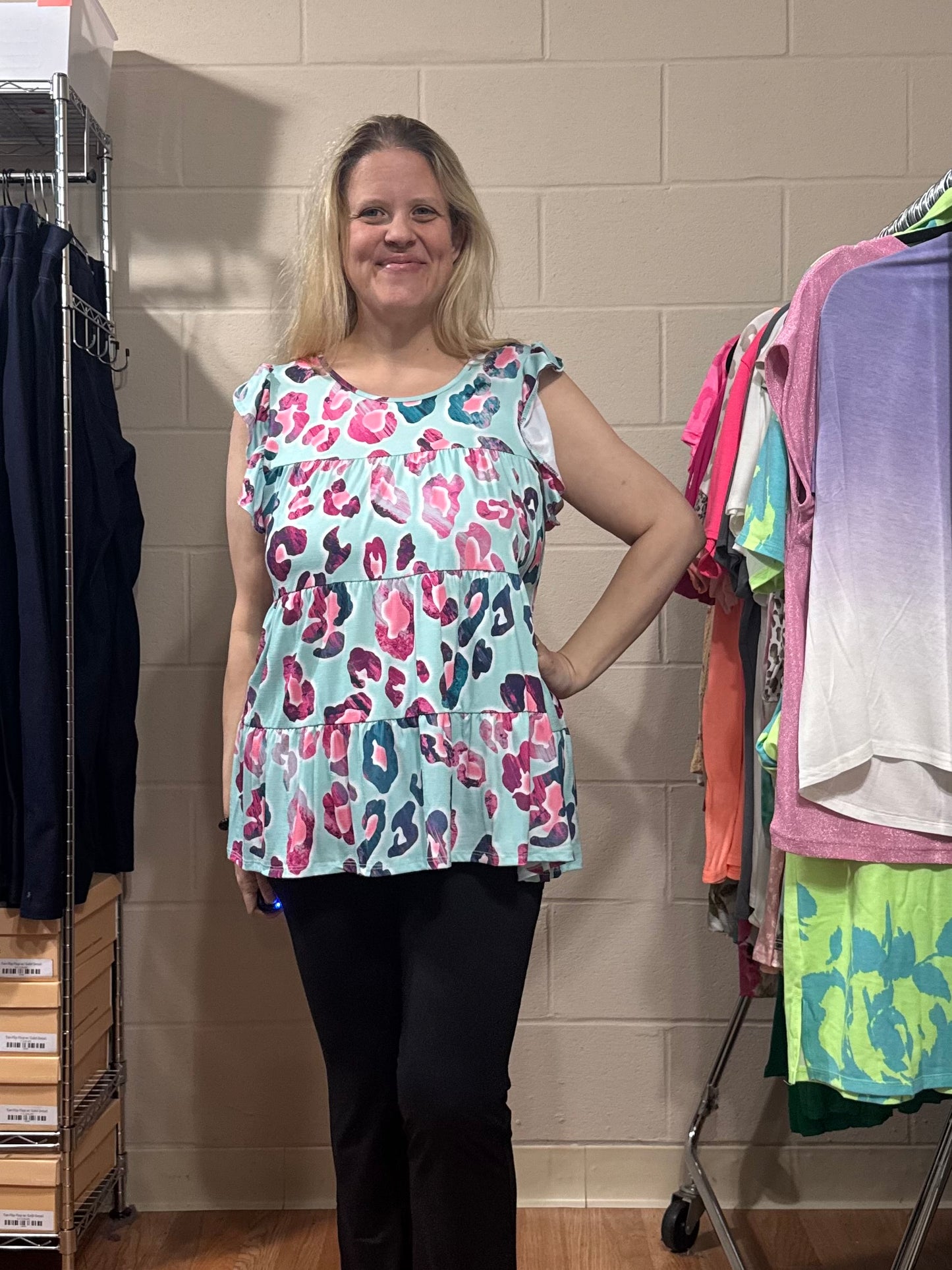 Aqua, Pink Cheetah Tiered Top w/ Flutter Sleeves