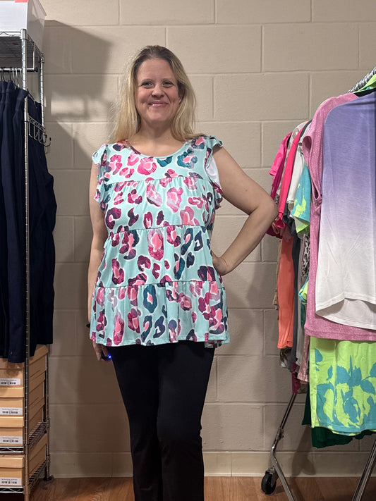 Aqua, Pink Cheetah Tiered Top w/ Flutter Sleeves