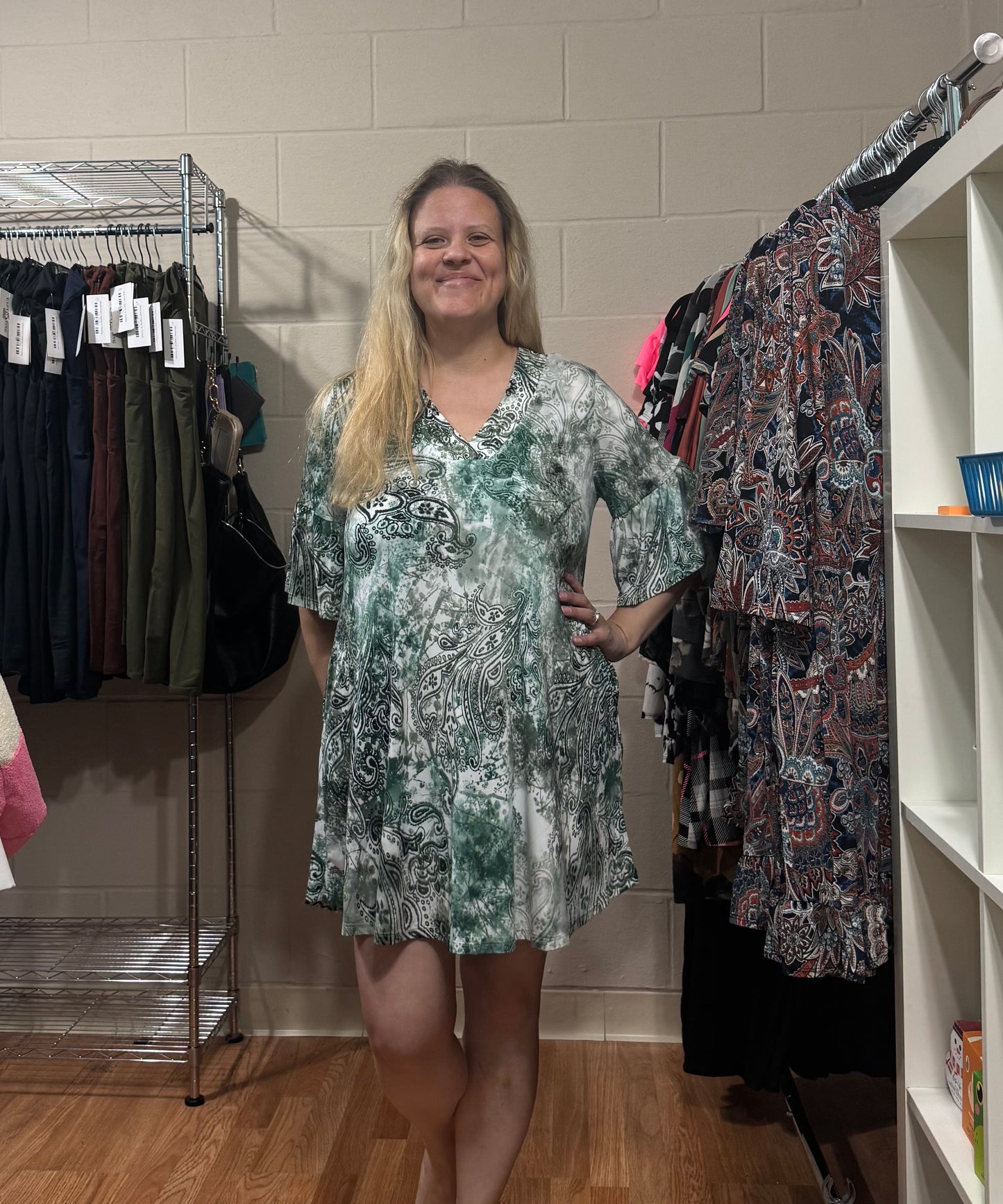 Green Paisley Dress w/ Bell Sleeves