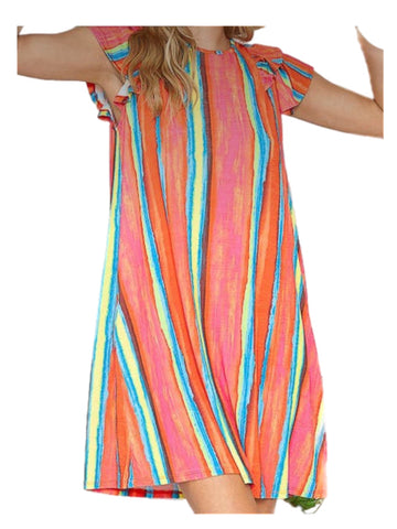 Bright Striped Summer Dress w/ Ruffled Cap Sleeve