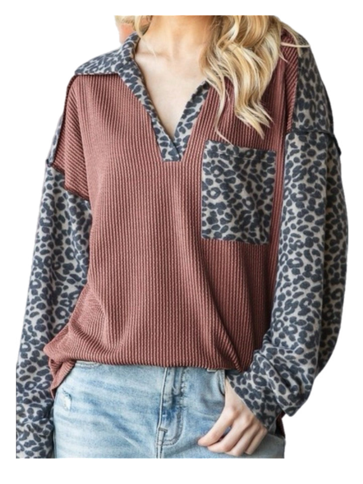 Rust Ribbed Top w/ Cheetah Sleeves & Pocket