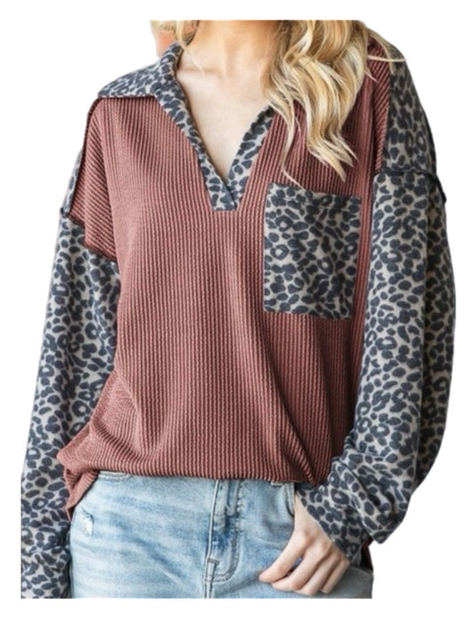 Rust Ribbed Top w/ Cheetah Sleeves & Pocket