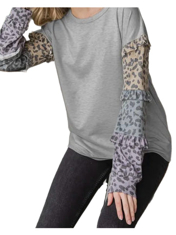 Heathered Gray Top w/ Ruffled Cheetah Sleeves