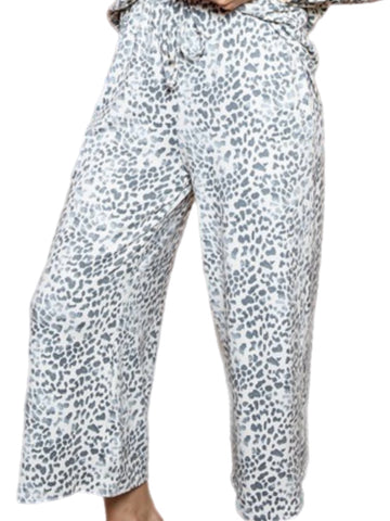 Gray & Cream Leopard Wide-Legged Cropped Pants w/ Pockets