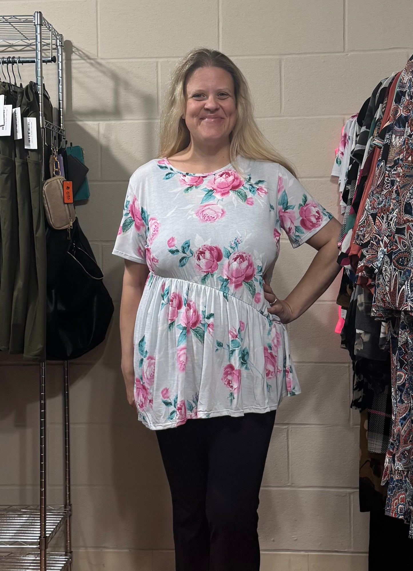 Light Grey & Pink Floral Top w/ Asymmetrical Hem