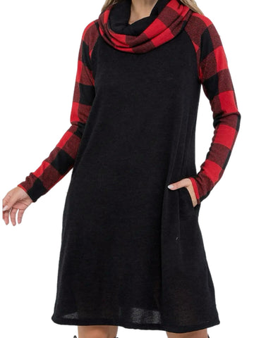 Black & Red Buffalo Plaid Cowl Neck Dress w/ Pockets