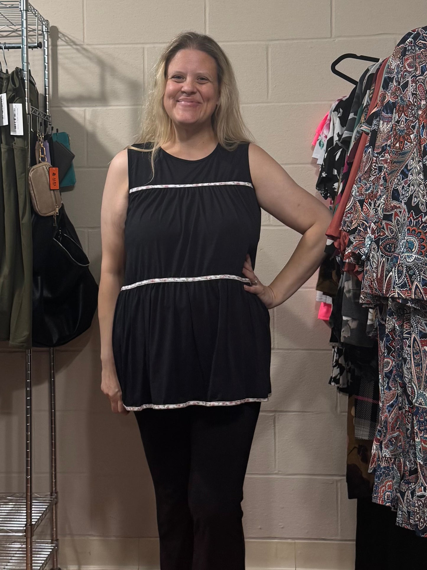 Black Tiered Sleeveless Top w/ Floral Detail