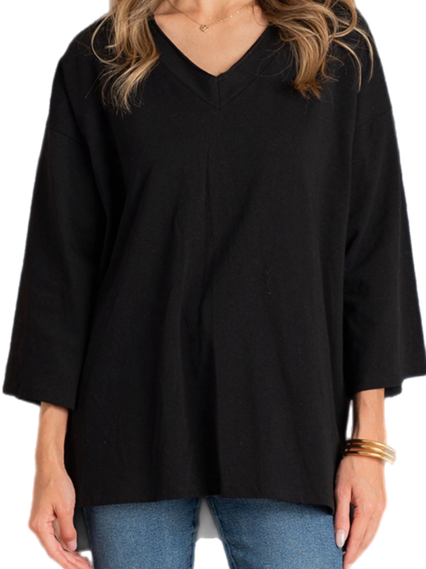 Black 3/4 Wide Sleeve V Neck Tee