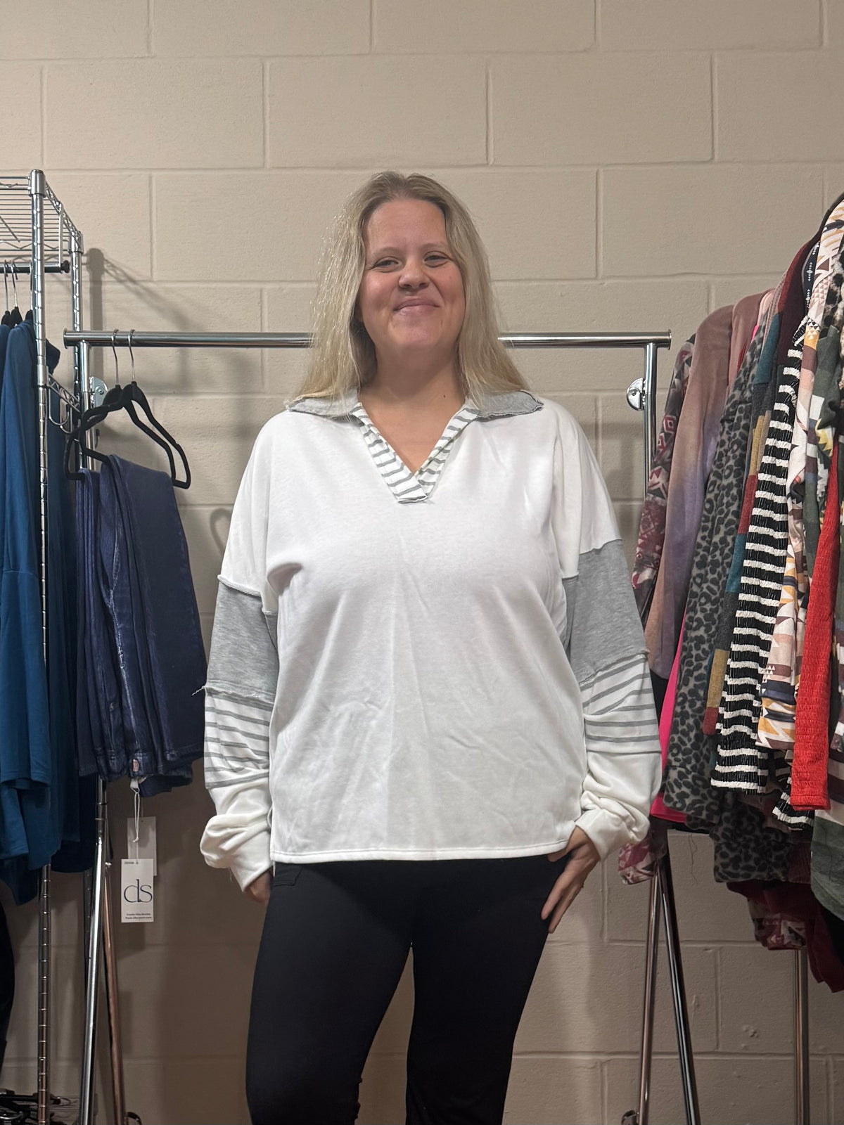 French Terry Top w/ Striped Sleeves - White & Grey