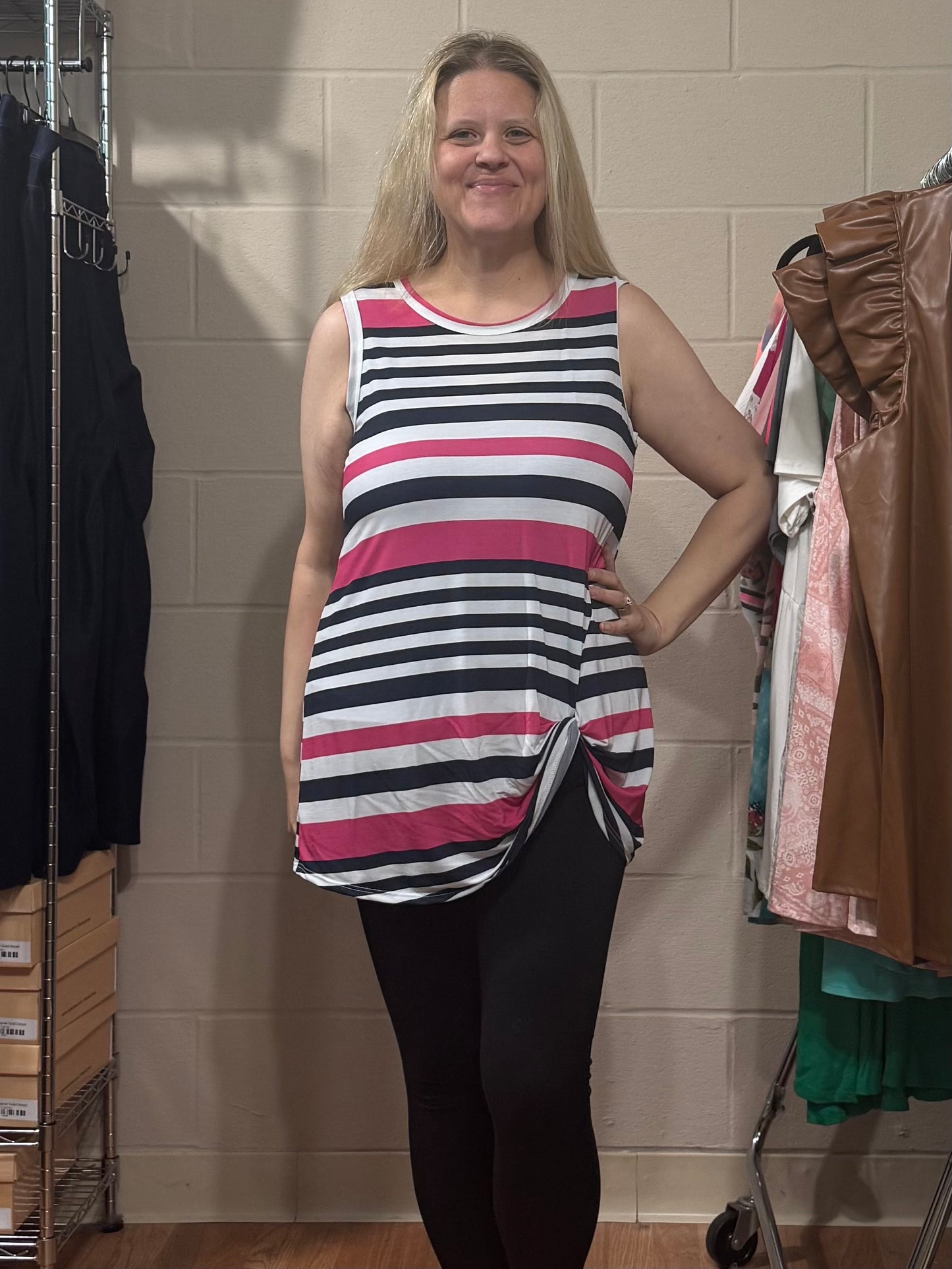 Navy, Pink & White Stripe Tank w/ Twist Front