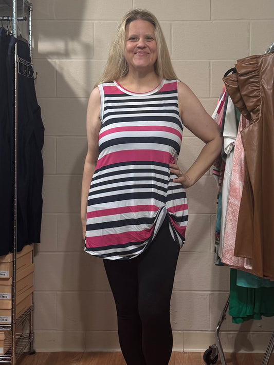 Navy, Pink & White Stripe Tank w/ Twist Front
