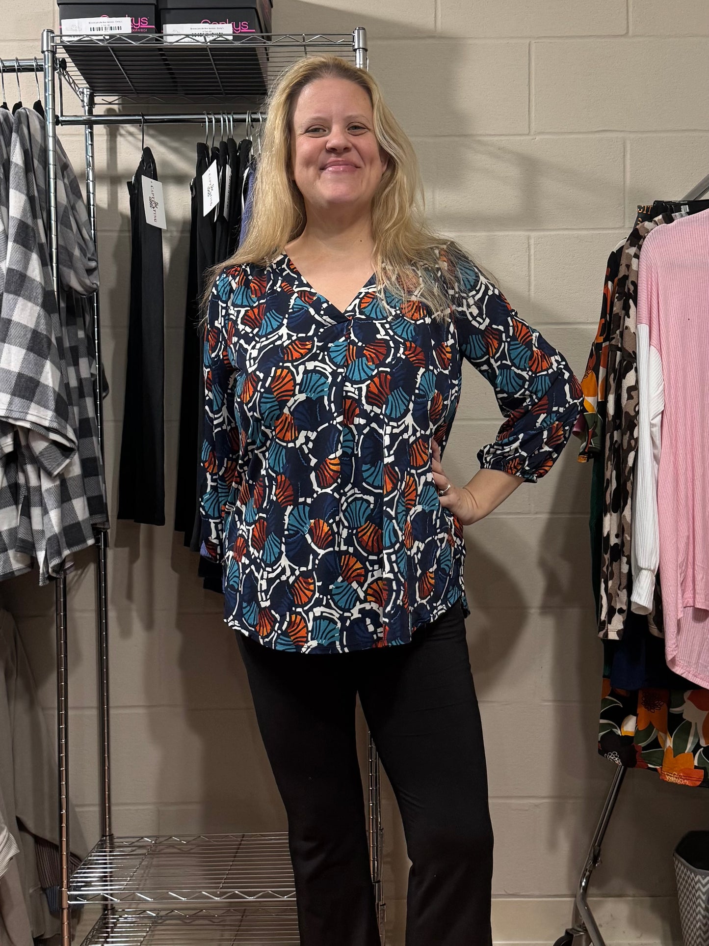 Navy & Orange Printed V Neck Top