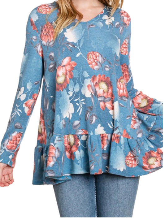 Blue Floral Top w/ Ruffle Hem