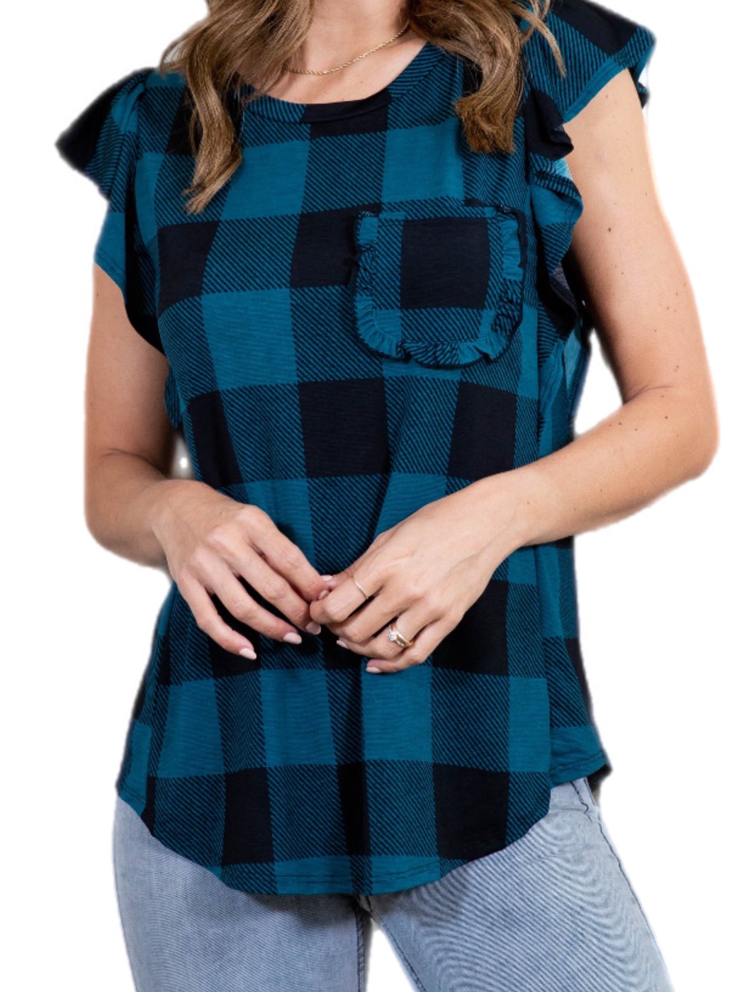 Teal Plaid Top w/ Pocket & Ruffle Sleeve