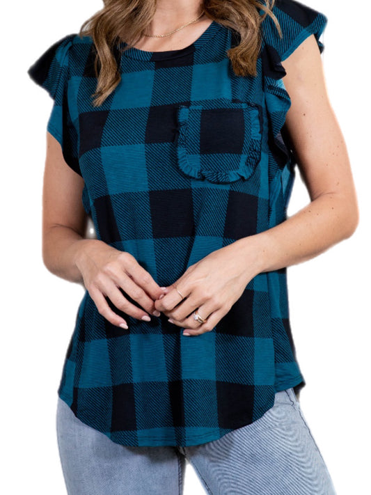 Teal Plaid Top w/ Pocket & Ruffle Sleeve