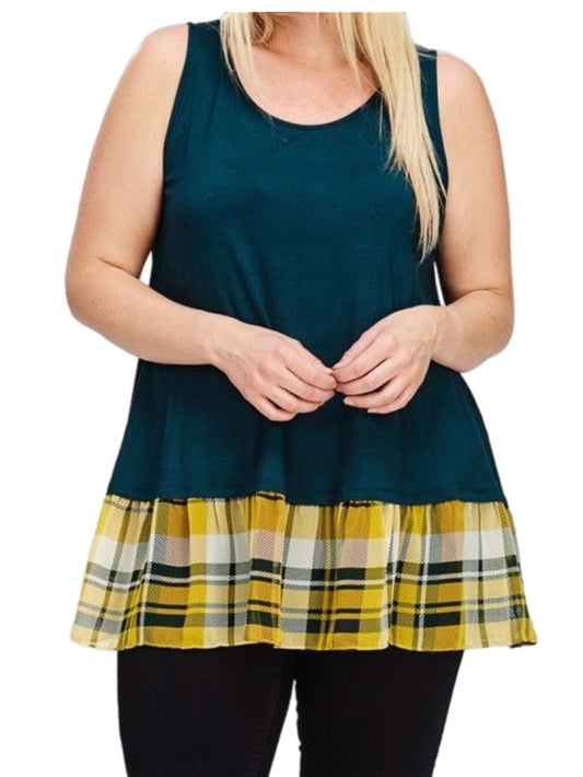 Teal Tank w/ Plaid Ruffle Hem